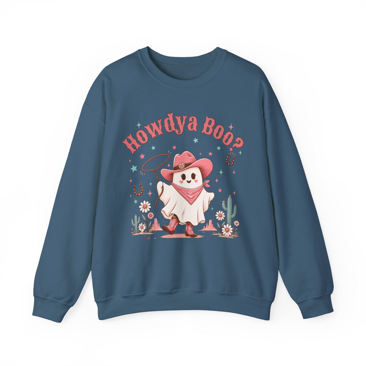 Crewneck Sweatshirt — “Howdya Boo?” Cute Western Cowboy Cowgirl Ghost Halloween Pullover