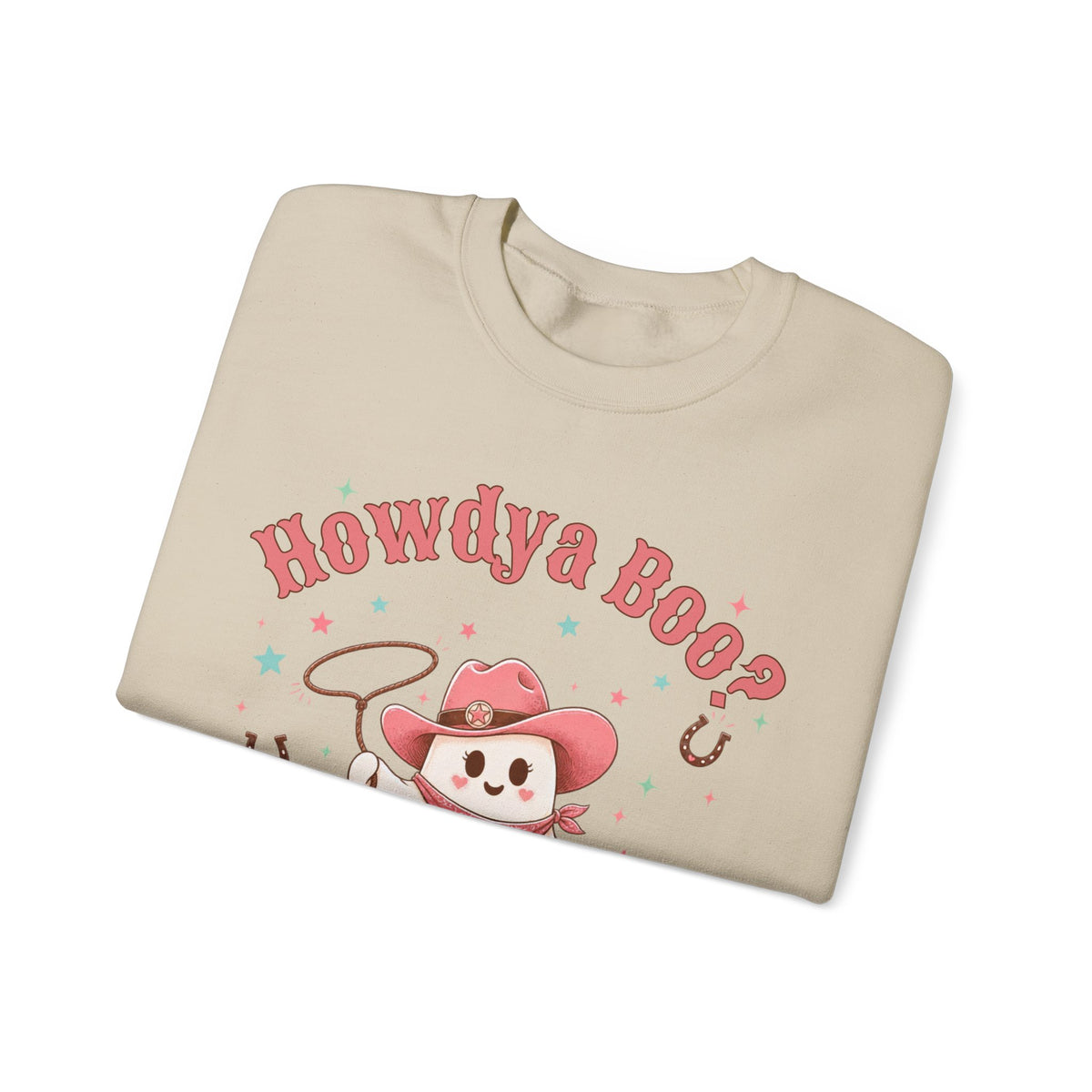 Crewneck Sweatshirt — “Howdya Boo?” Cute Western Cowboy Cowgirl Ghost Halloween Pullover