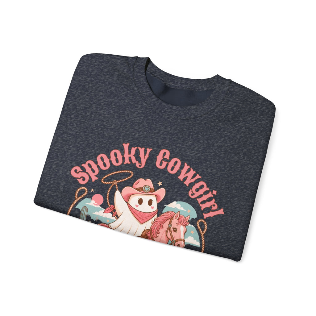 Crewneck Sweatshirt — “Spooky Cowgirl” Cute Western Cowboy Cowgirl Ghost Halloween Pullover