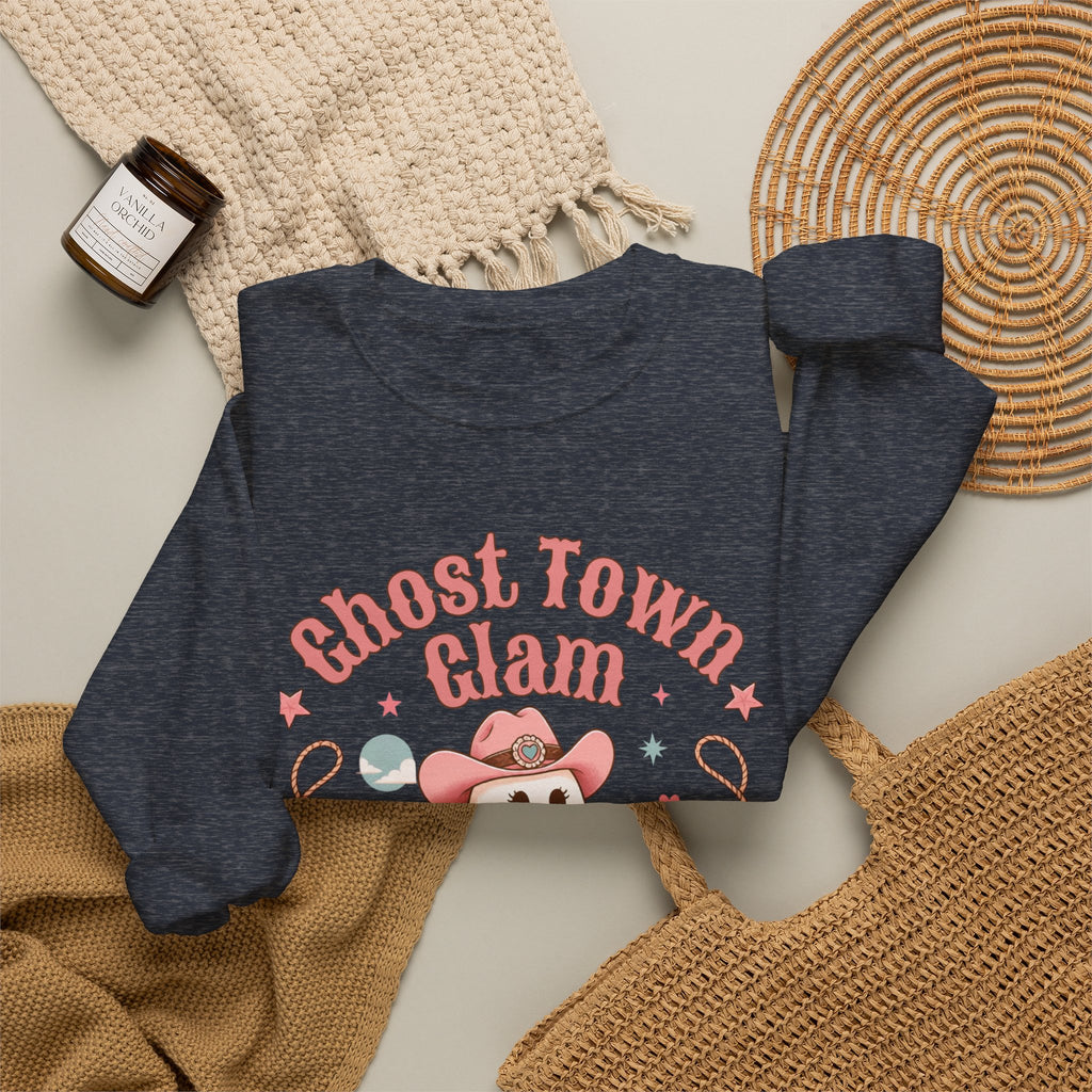 Crewneck Sweatshirt — “Ghost Town Glam” Cute Western Cowboy Cowgirl Ghost Halloween Pullover