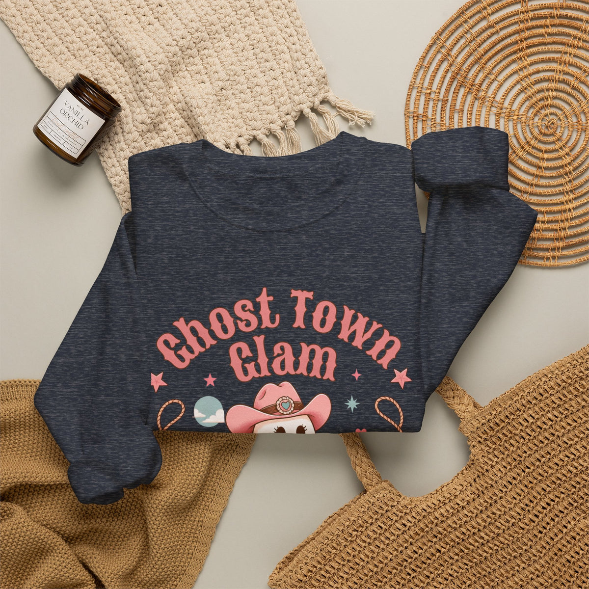 Crewneck Sweatshirt — “Ghost Town Glam” Cute Western Cowboy Cowgirl Ghost Halloween Pullover