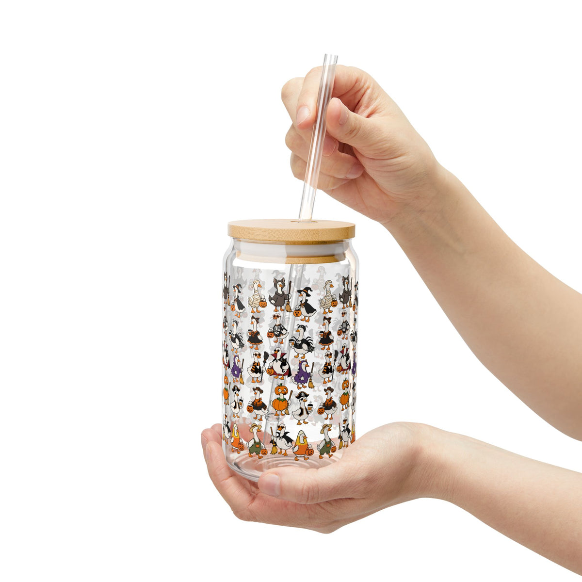 Halloween Ducks Geese Pattern Sipper Glass 16oz | Clear Straw Tumbler