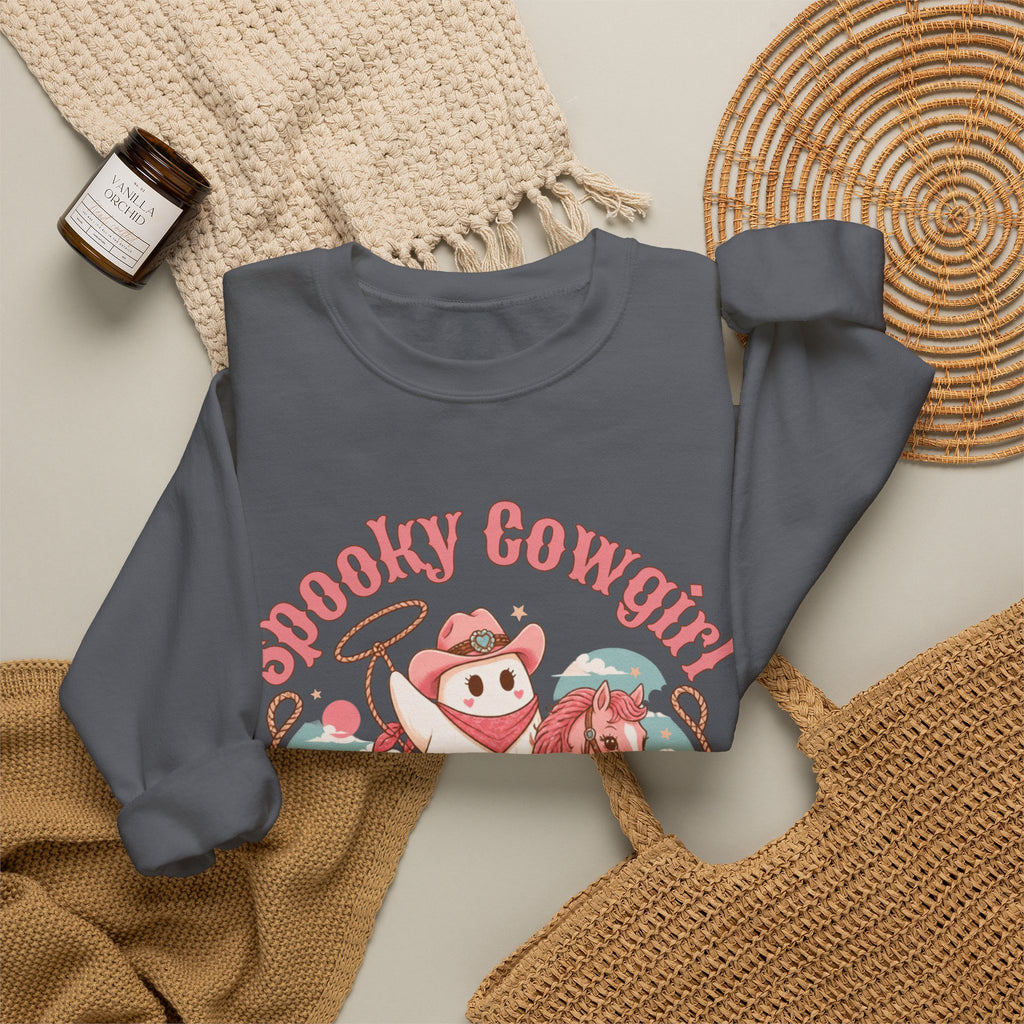 Crewneck Sweatshirt — “Spooky Cowgirl” Cute Western Cowboy Cowgirl Ghost Halloween Pullover