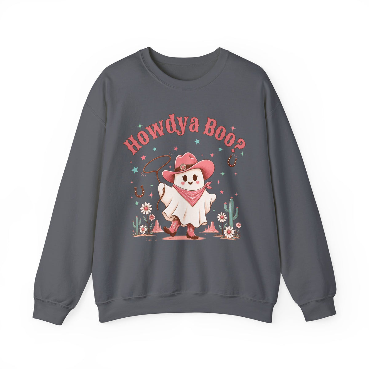 Crewneck Sweatshirt — “Howdya Boo?” Cute Western Cowboy Cowgirl Ghost Halloween Pullover