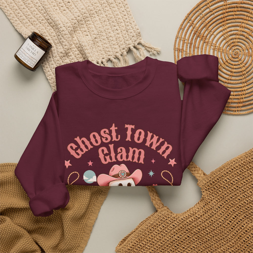 Crewneck Sweatshirt — “Ghost Town Glam” Cute Western Cowboy Cowgirl Ghost Halloween Pullover