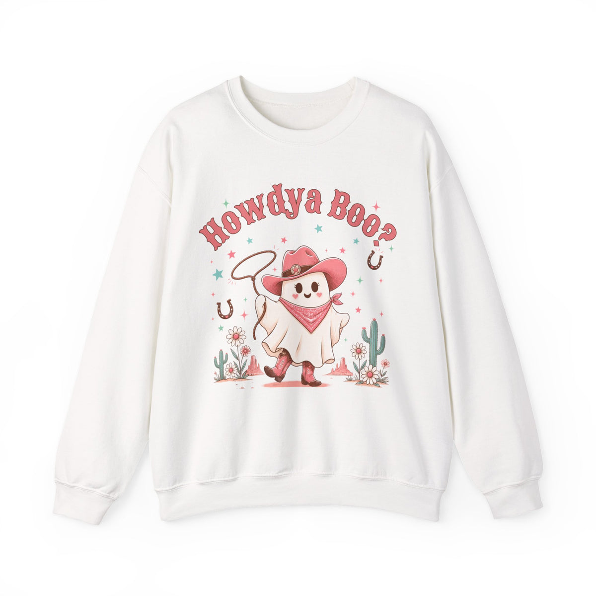 Crewneck Sweatshirt — “Howdya Boo?” Cute Western Cowboy Cowgirl Ghost Halloween Pullover