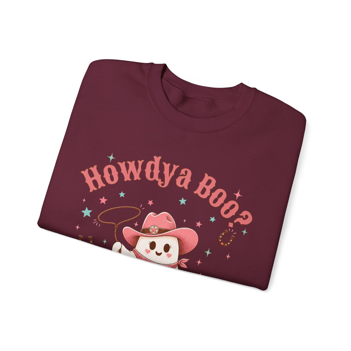 Crewneck Sweatshirt — “Howdya Boo?” Cute Western Cowboy Cowgirl Ghost Halloween Pullover