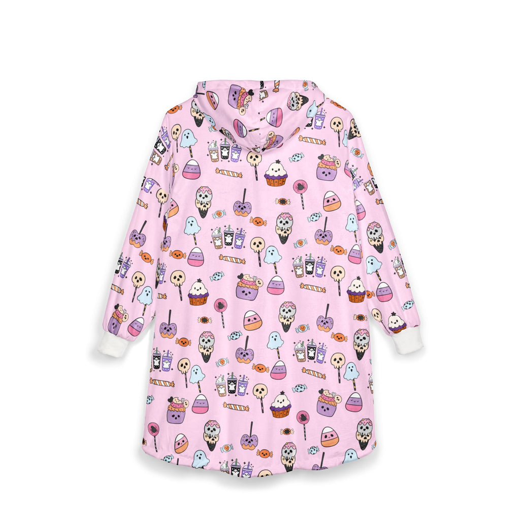 Cute Halloween Treats Hooded Blanket | Candy Pattern, Pink Cozy Wearable Blanket