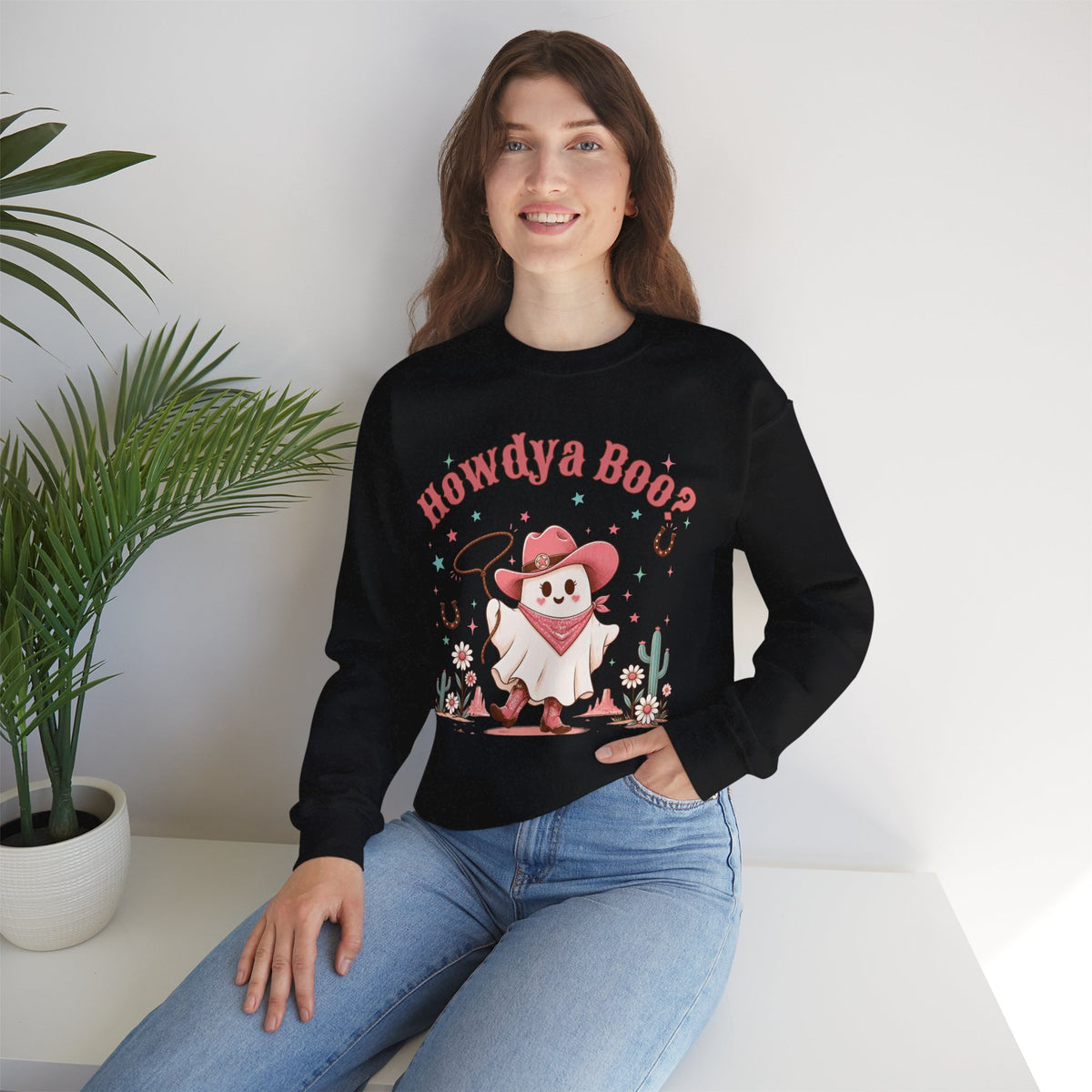 Crewneck Sweatshirt — “Howdya Boo?” Cute Western Cowboy Cowgirl Ghost Halloween Pullover
