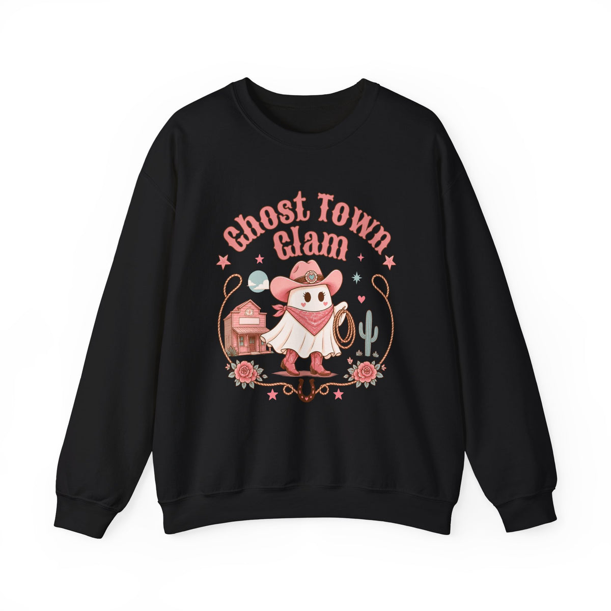 Crewneck Sweatshirt — “Ghost Town Glam” Cute Western Cowboy Cowgirl Ghost Halloween Pullover