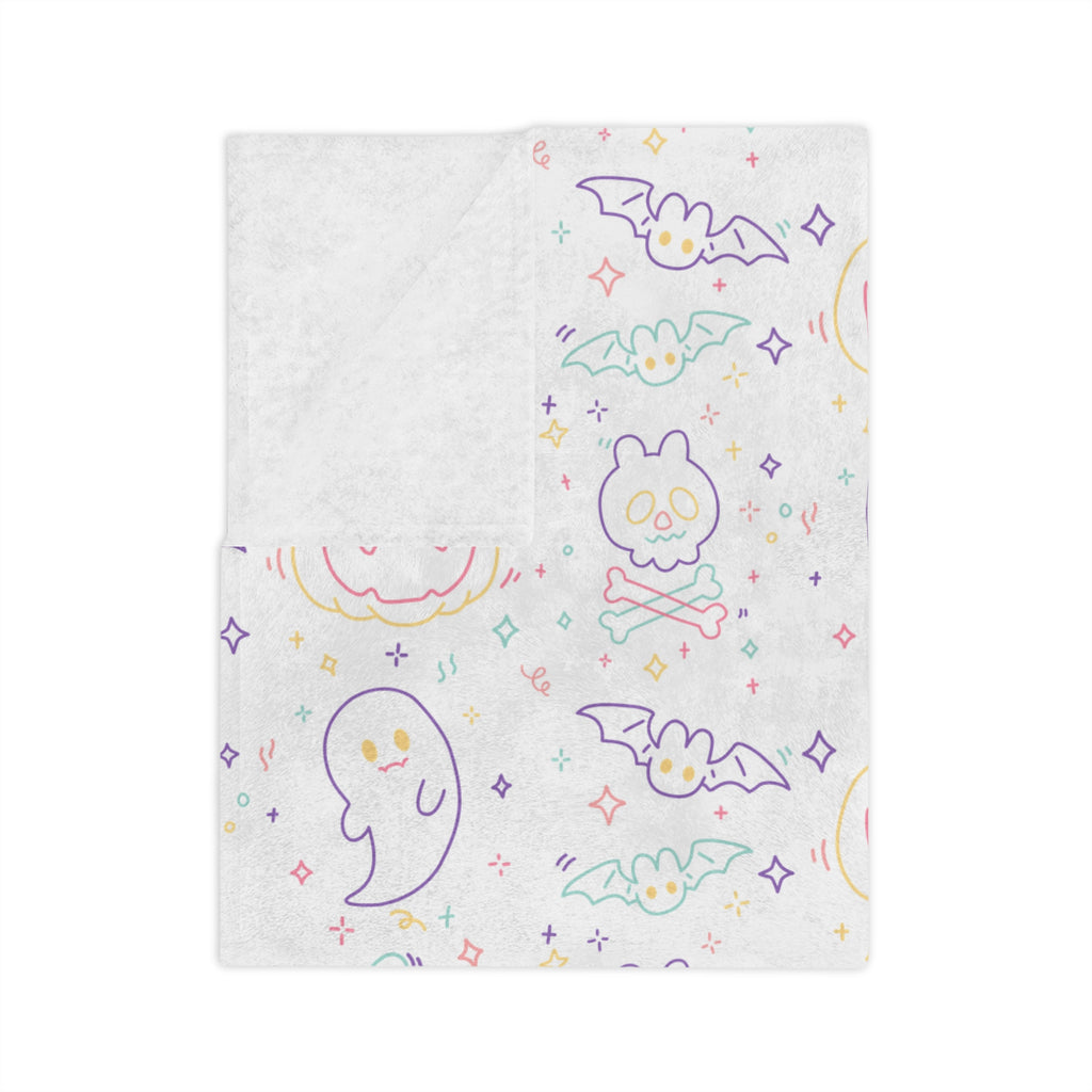 Kawaii Halloween Pattern Velveteen Microfiber Blanket | Pastel Halloween Neon Ghosts Bats Pumpkin Skull