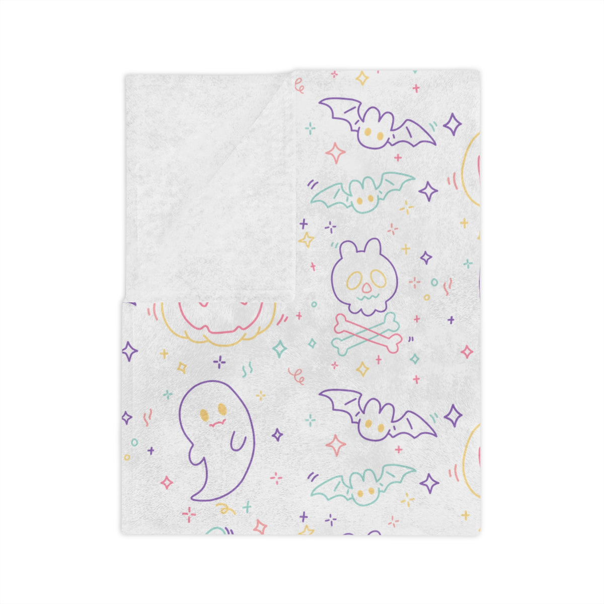 Kawaii Halloween Pattern Velveteen Microfiber Blanket | Pastel Halloween Neon Ghosts Bats Pumpkin Skull