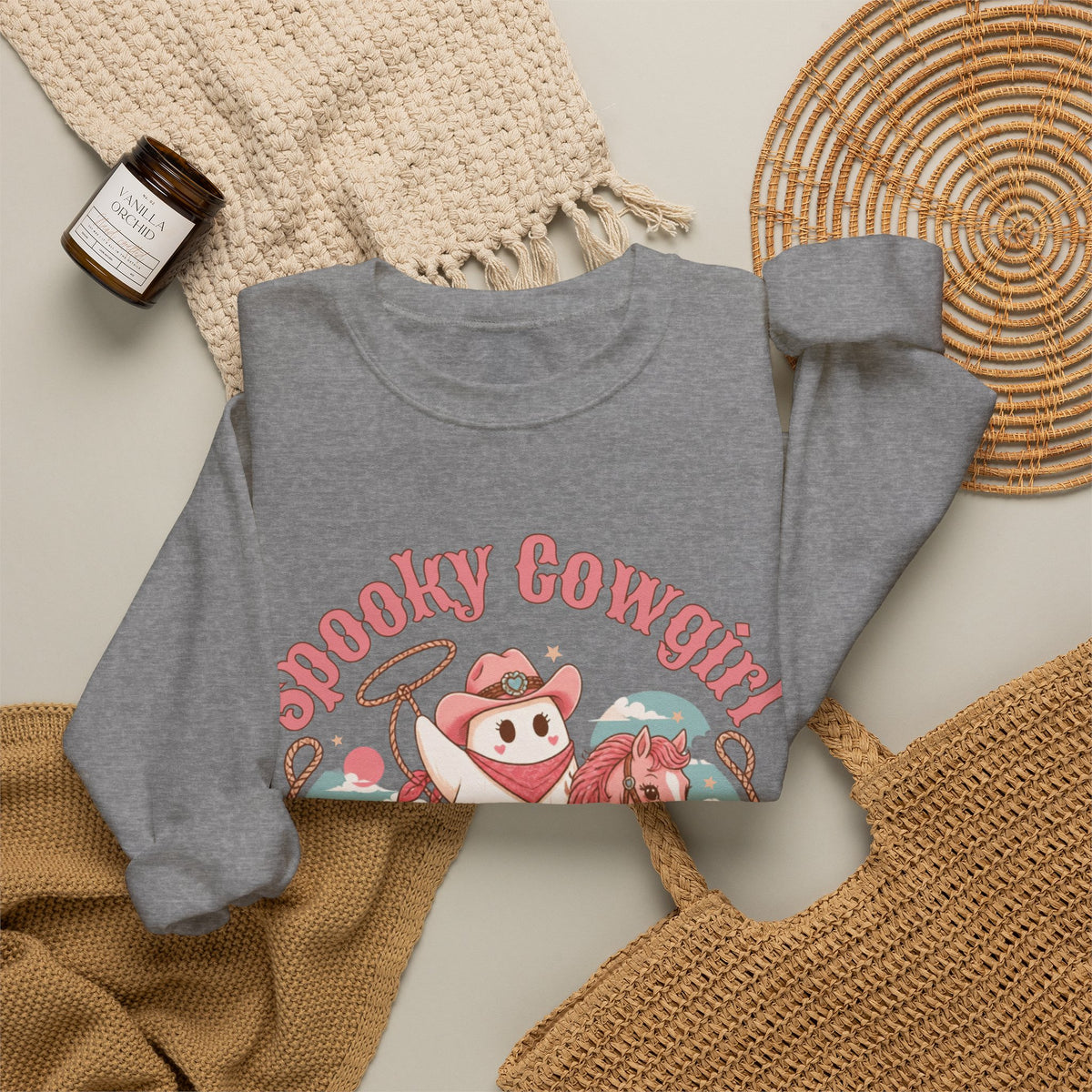 Crewneck Sweatshirt — “Spooky Cowgirl” Cute Western Cowboy Cowgirl Ghost Halloween Pullover