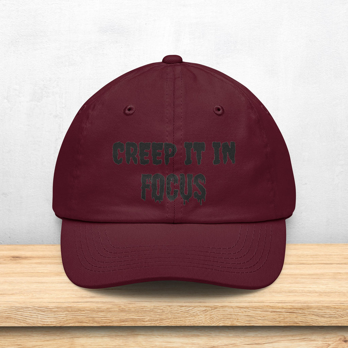 Creep It In Focus Dad Hat | Drippy Horror Text, Halloween Baseball Cap | Photographer Photography Pun
