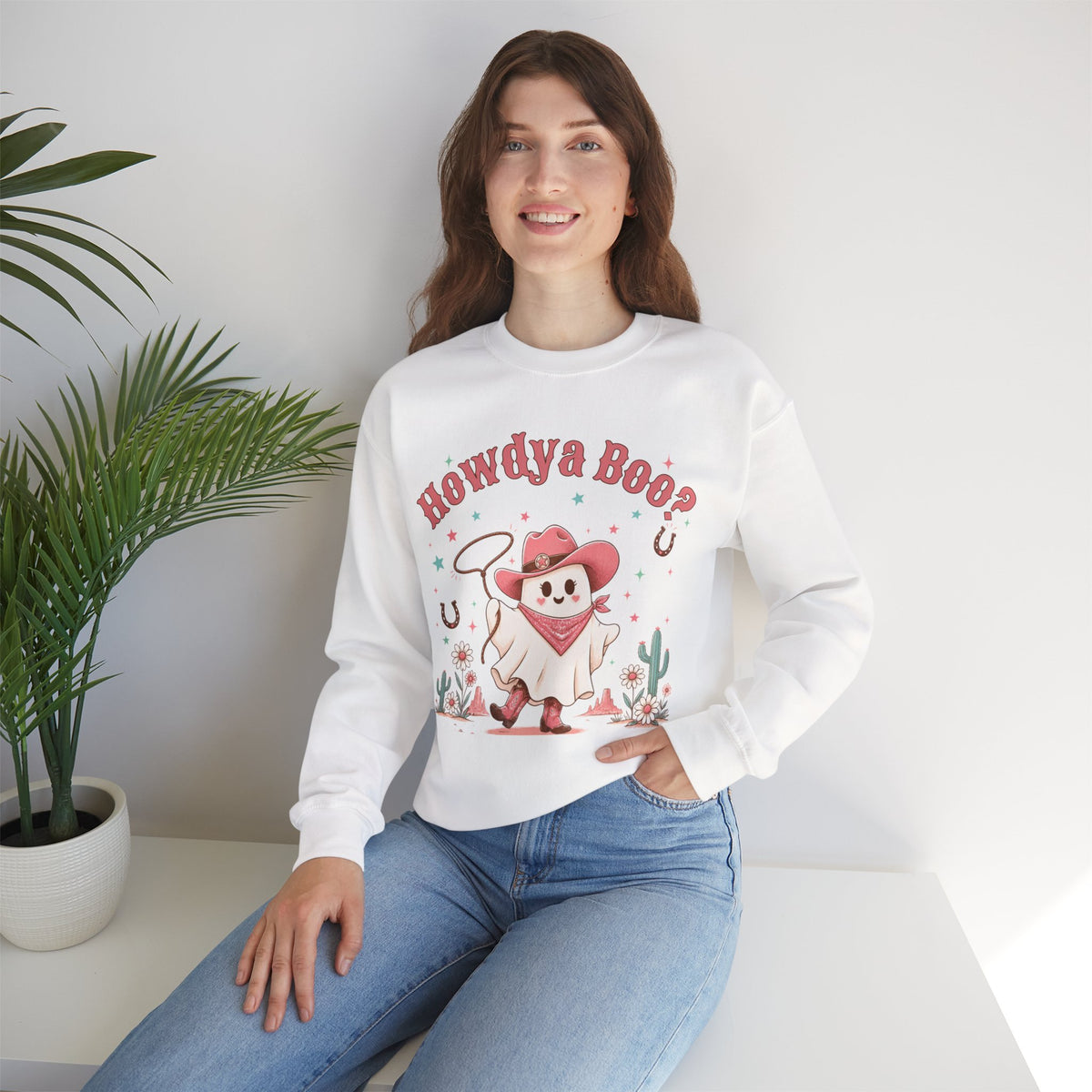 Crewneck Sweatshirt — “Howdya Boo?” Cute Western Cowboy Cowgirl Ghost Halloween Pullover