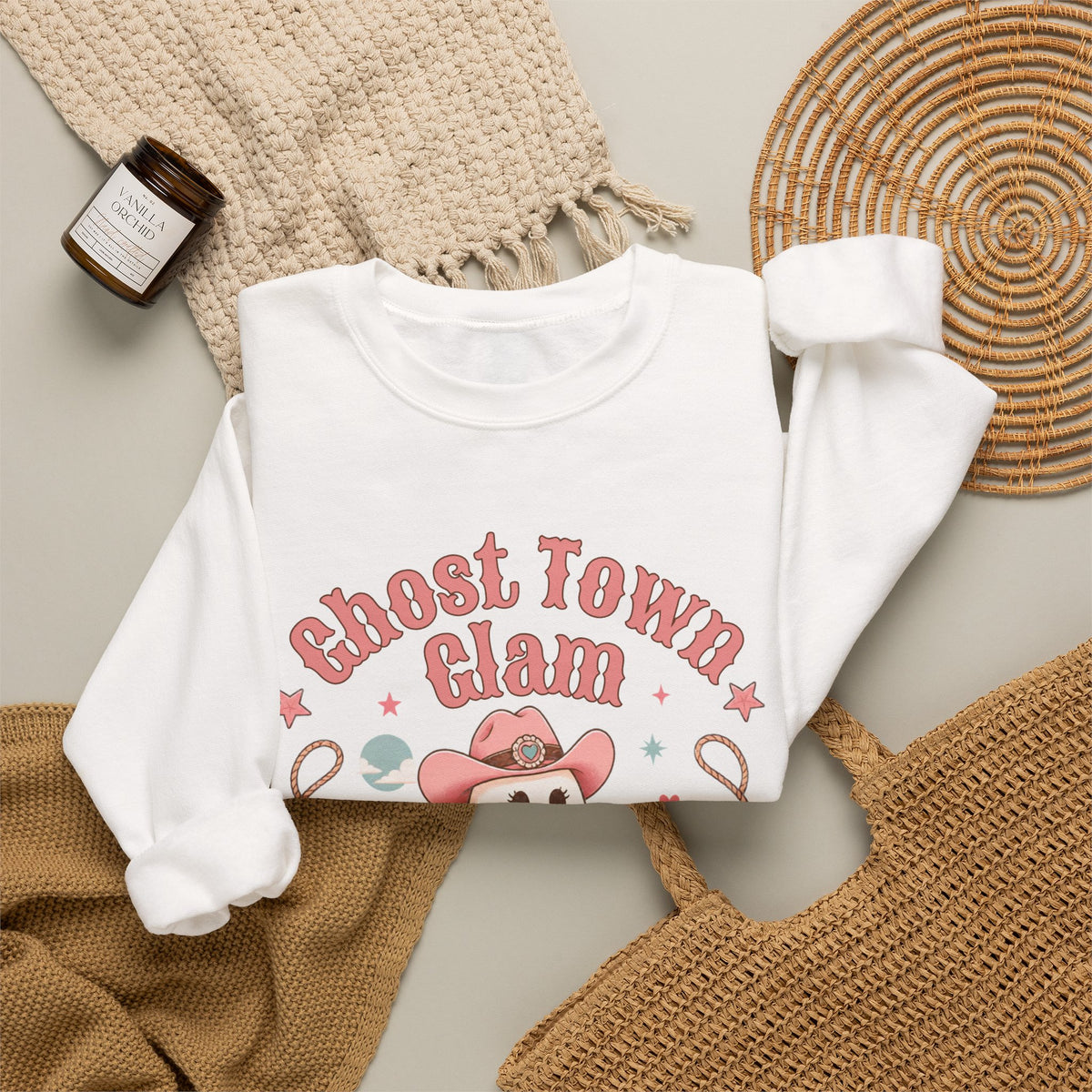 Crewneck Sweatshirt — “Ghost Town Glam” Cute Western Cowboy Cowgirl Ghost Halloween Pullover