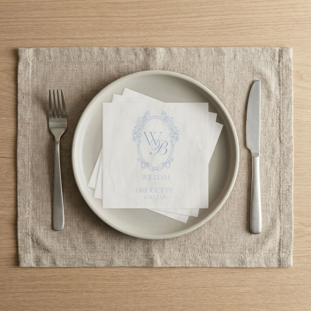 Monogrammed Wedding Napkins — Elegant Blue Initials Crest with Names and Date