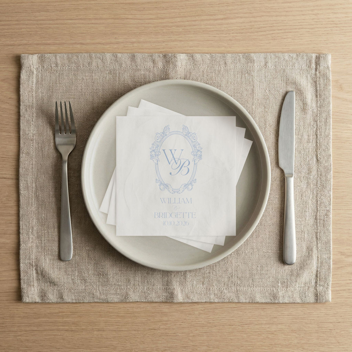 Monogrammed Wedding Napkins — Elegant Blue Initials Crest with Names and Date