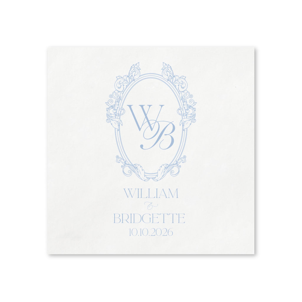 Monogrammed Wedding Napkins — Elegant Blue Initials Crest with Names and Date