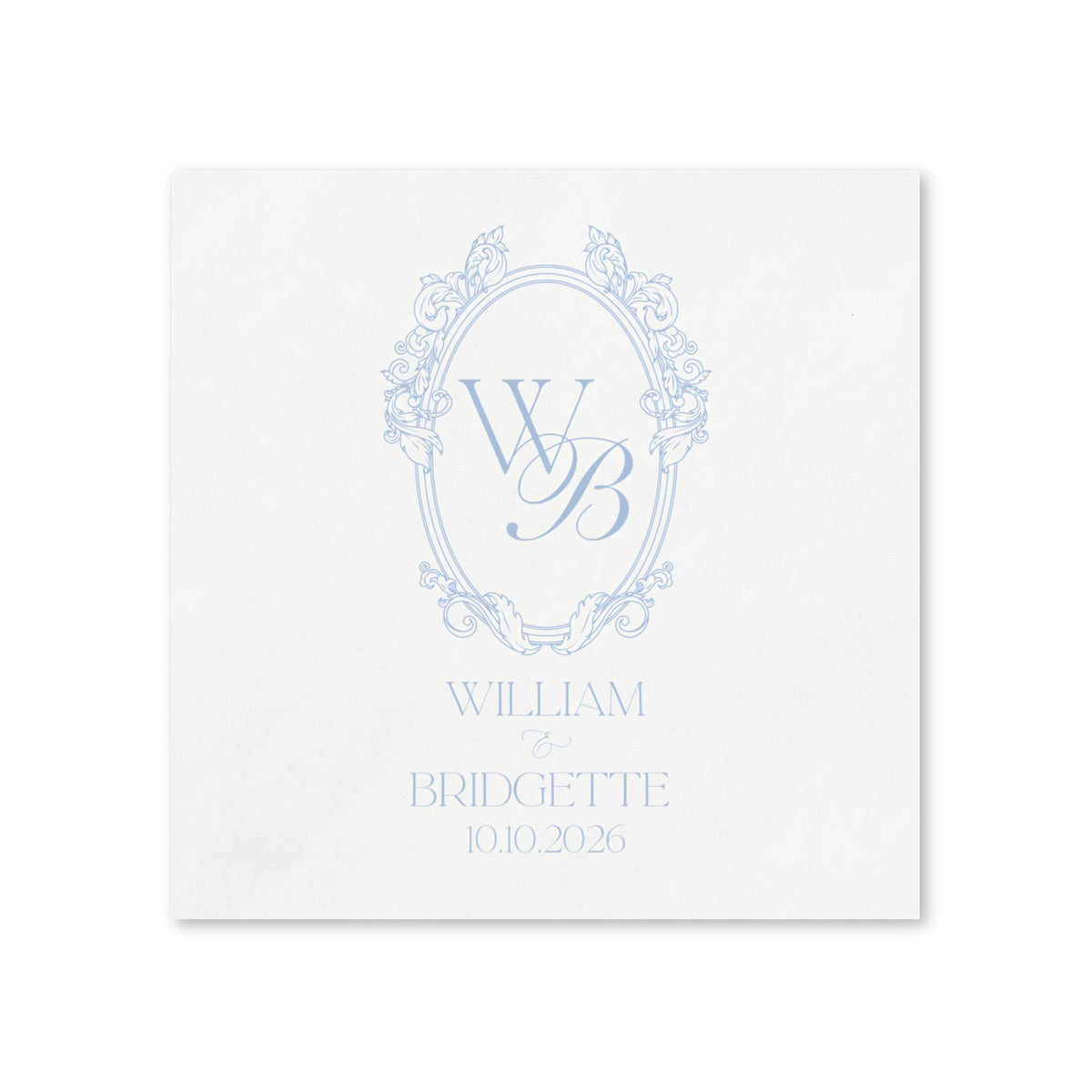 Monogrammed Wedding Napkins — Elegant Blue Initials Crest with Names and Date