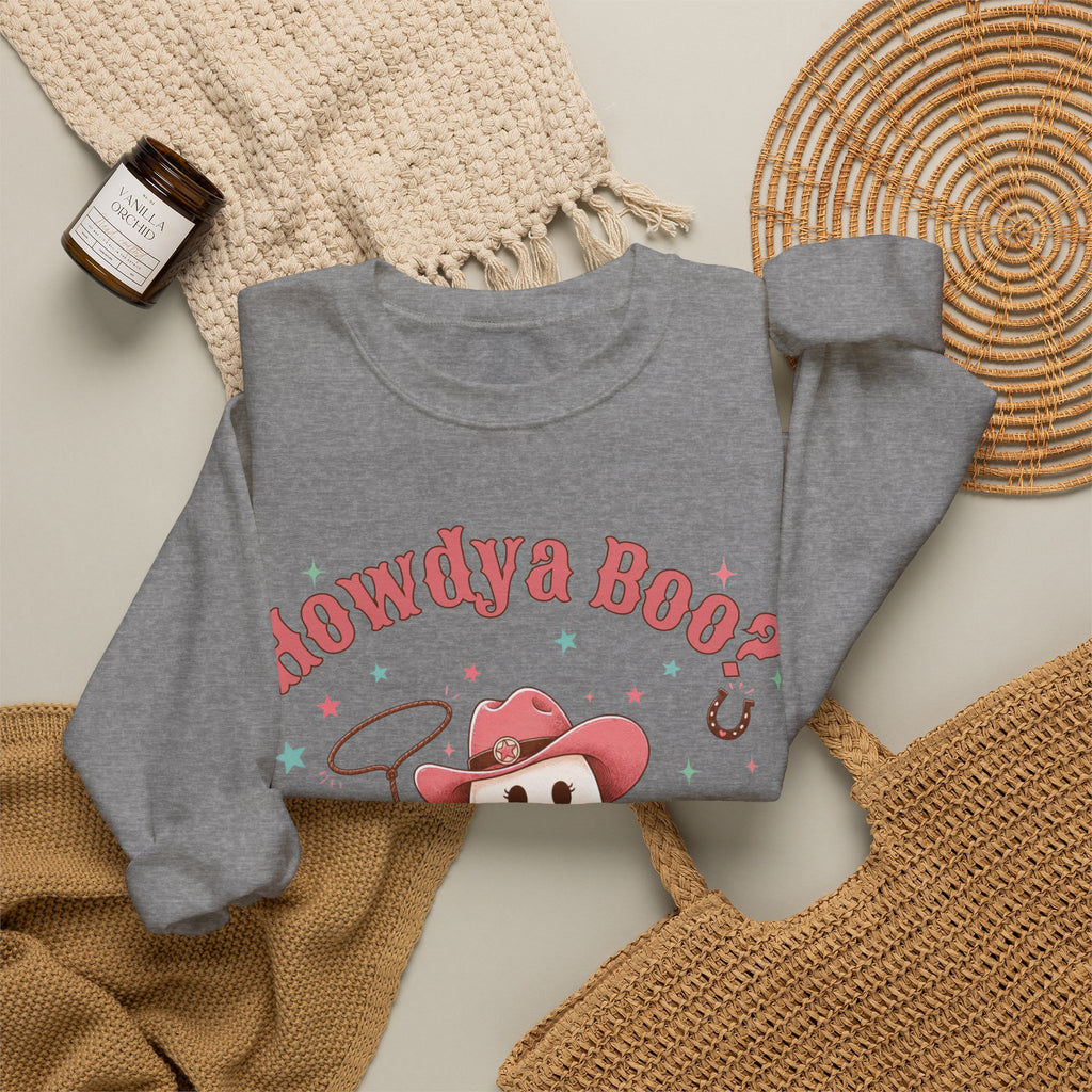 Crewneck Sweatshirt — “Howdya Boo?” Cute Western Cowboy Cowgirl Ghost Halloween Pullover