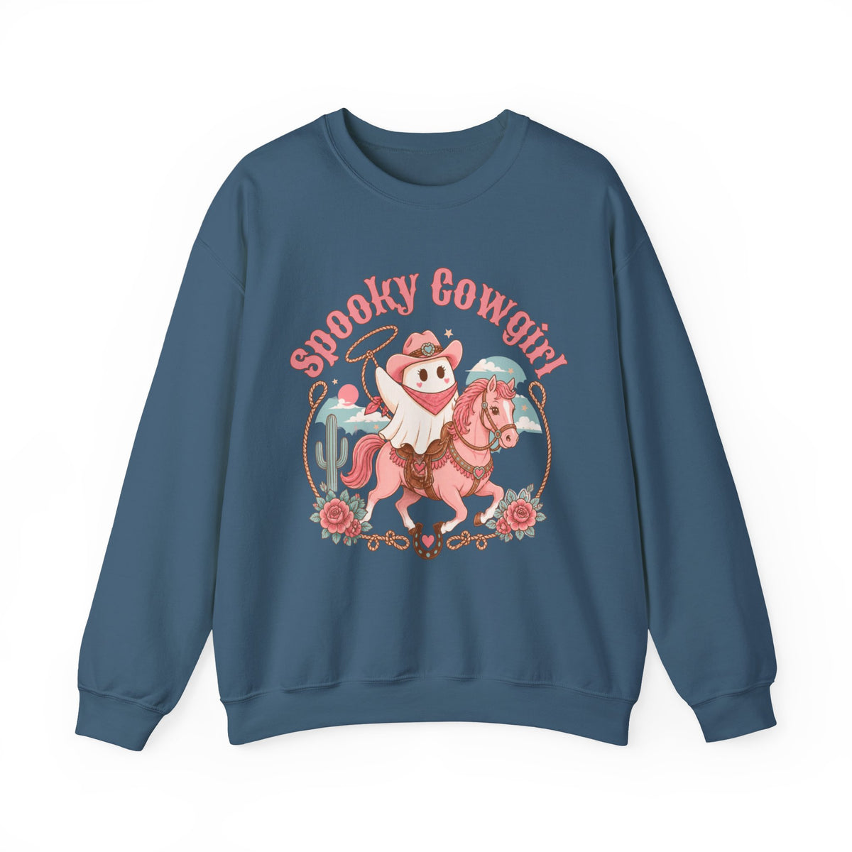 Crewneck Sweatshirt — “Spooky Cowgirl” Cute Western Cowboy Cowgirl Ghost Halloween Pullover