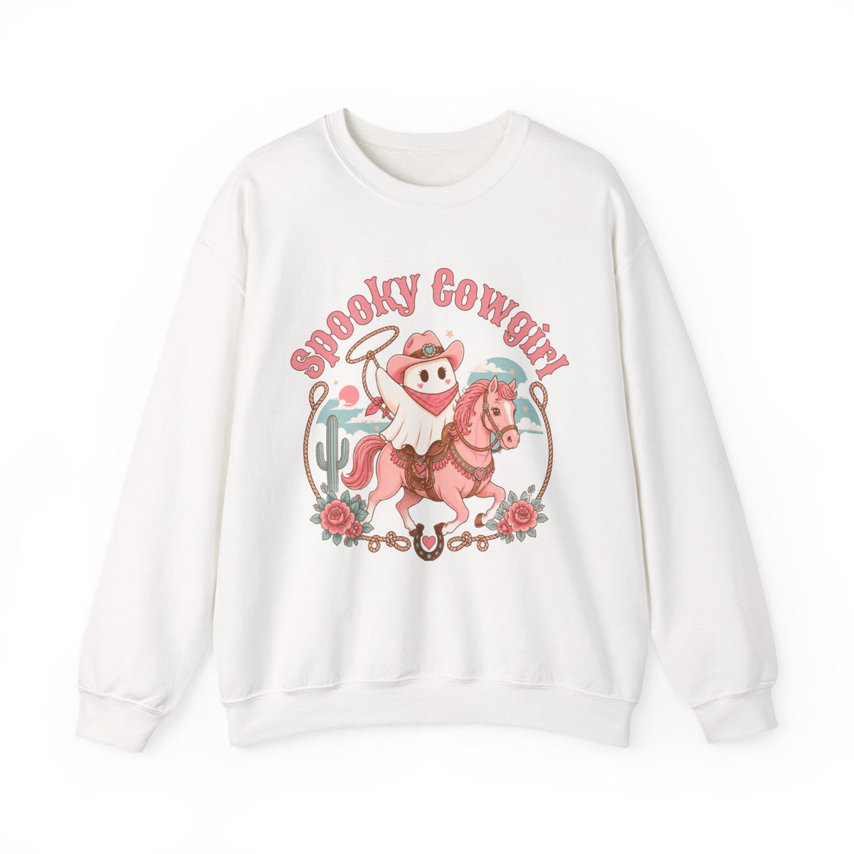 Crewneck Sweatshirt — “Spooky Cowgirl” Cute Western Cowboy Cowgirl Ghost Halloween Pullover