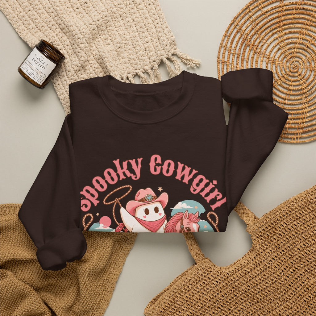 Crewneck Sweatshirt — “Spooky Cowgirl” Cute Western Cowboy Cowgirl Ghost Halloween Pullover
