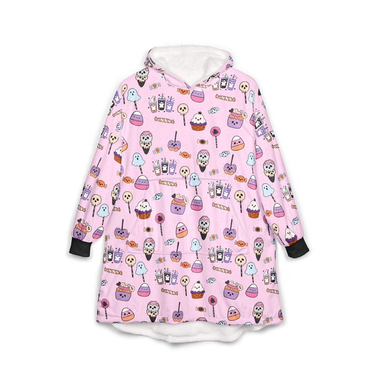 Cute Halloween Treats Hooded Blanket | Candy Pattern, Pink Cozy Wearable Blanket