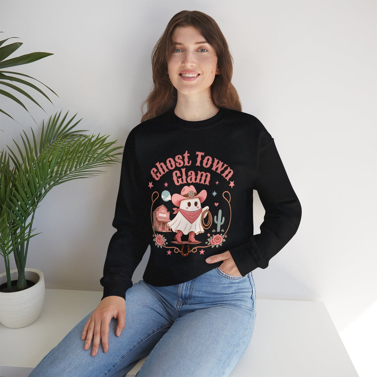 Crewneck Sweatshirt — “Ghost Town Glam” Cute Western Cowboy Cowgirl Ghost Halloween Pullover