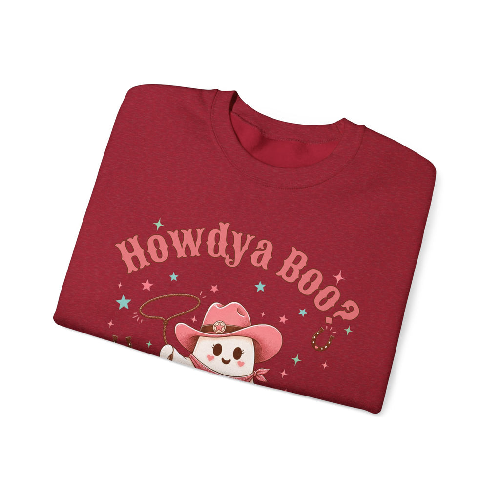 Crewneck Sweatshirt — “Howdya Boo?” Cute Western Cowboy Cowgirl Ghost Halloween Pullover