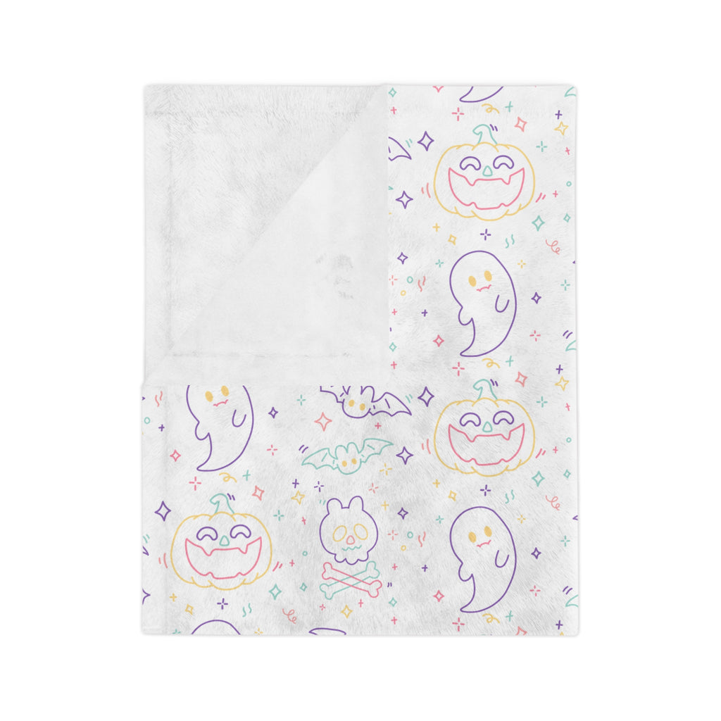 Kawaii Halloween Pattern Velveteen Microfiber Blanket | Pastel Halloween Neon Ghosts Bats Pumpkin Skull