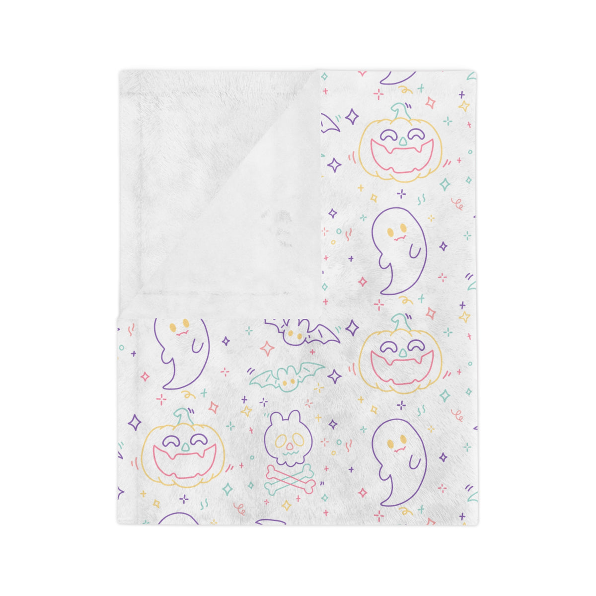 Kawaii Halloween Pattern Velveteen Microfiber Blanket | Pastel Halloween Neon Ghosts Bats Pumpkin Skull