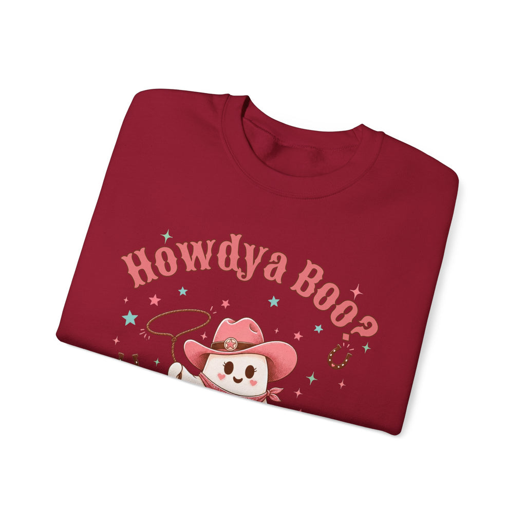 Crewneck Sweatshirt — “Howdya Boo?” Cute Western Cowboy Cowgirl Ghost Halloween Pullover