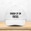 Creep It In Focus Dad Hat | Drippy Horror Text, Halloween Baseball Cap | Photographer Photography Pun
