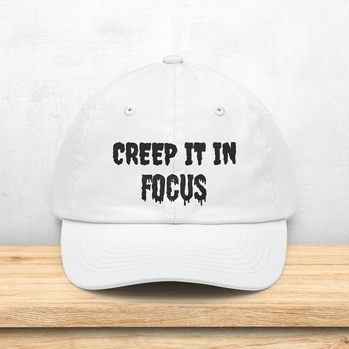 Creep It In Focus Dad Hat | Drippy Horror Text, Halloween Baseball Cap | Photographer Photography Pun